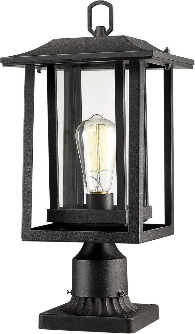 Beionxii Outdoor Post Light, Large Exterior Lamp Post Light Pier Mount Lantern with Base, Black Cast Aluminum w/Clear Glass (19" x 9") - A197P-1PK, Extra Large