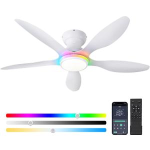 Ceiling Fans with Lights, 46 inch Modern Low Profile Ceiling Fan with Light and Remote App Control, Flush Mount, Quiet DC Reversible, RGB Led Ceiling Fan for Bedroom Kitchen Indoor/Outdoor Patio White