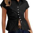 Cicy Bell Womens Summer Button Down Shirts Short Sleeve Petite Blouses Tops | Slim Fit, Casual Dressy, Ruched, Going Out (Black, S)