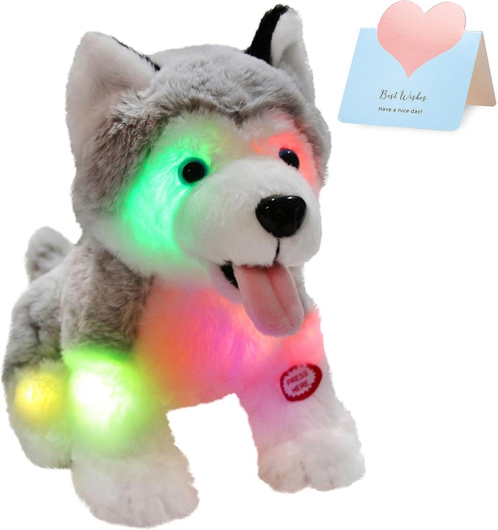 Athoinsu Light up Husky Dog Stuffed Animal Soft Glowing Plush Puppy Toy with Magic LED Night Lights Children's Day Birthday for Toddler Kids, 8''