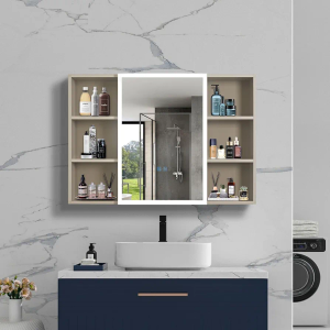 OKYSAI Defogging Mirror Cabinet, LED Mirror Door with Touch Switch, 35" L x 27.6" W, 6 Open Shelves, Multifunctional Storage Cabinet, Wall Mounted Aluminum Frame Lighting, Bathroom,Toilets(Khaki)