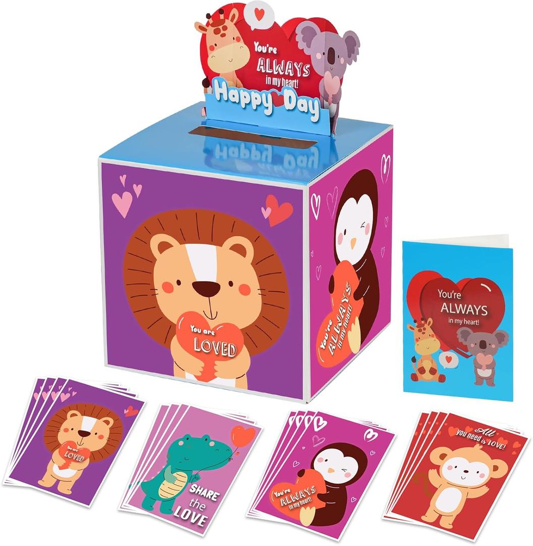 4 x ATFUNSHOP Kids Valentine Gift Cards and Box 7.9", Animal Valentines Day Cards Holder Mailbox for Kids School Classroom Exchange (1 Box, 32 Valentine Cards, 1 Teacher Card)