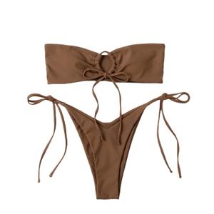 GORGLITTER Women's Strapless Bandeau Swimsuit High Cut String Thong Cheeky Bikini Set Bathing Suit XS