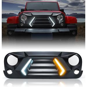 Xprite Front Grill with Turn Signals and Daytime Running Light, Matte Black Grille Compatible with 2007-2018 Jeep Wrangler JK JKU-Patent Design