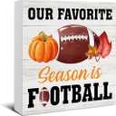 Football Decor - Fall Decorations for Home - Fall Decor - Our Favorite Season Is Football Pumpkin Wooden Sign Home Office Living Room Desk Shelf Table Decoration - 5 x 5 Inches