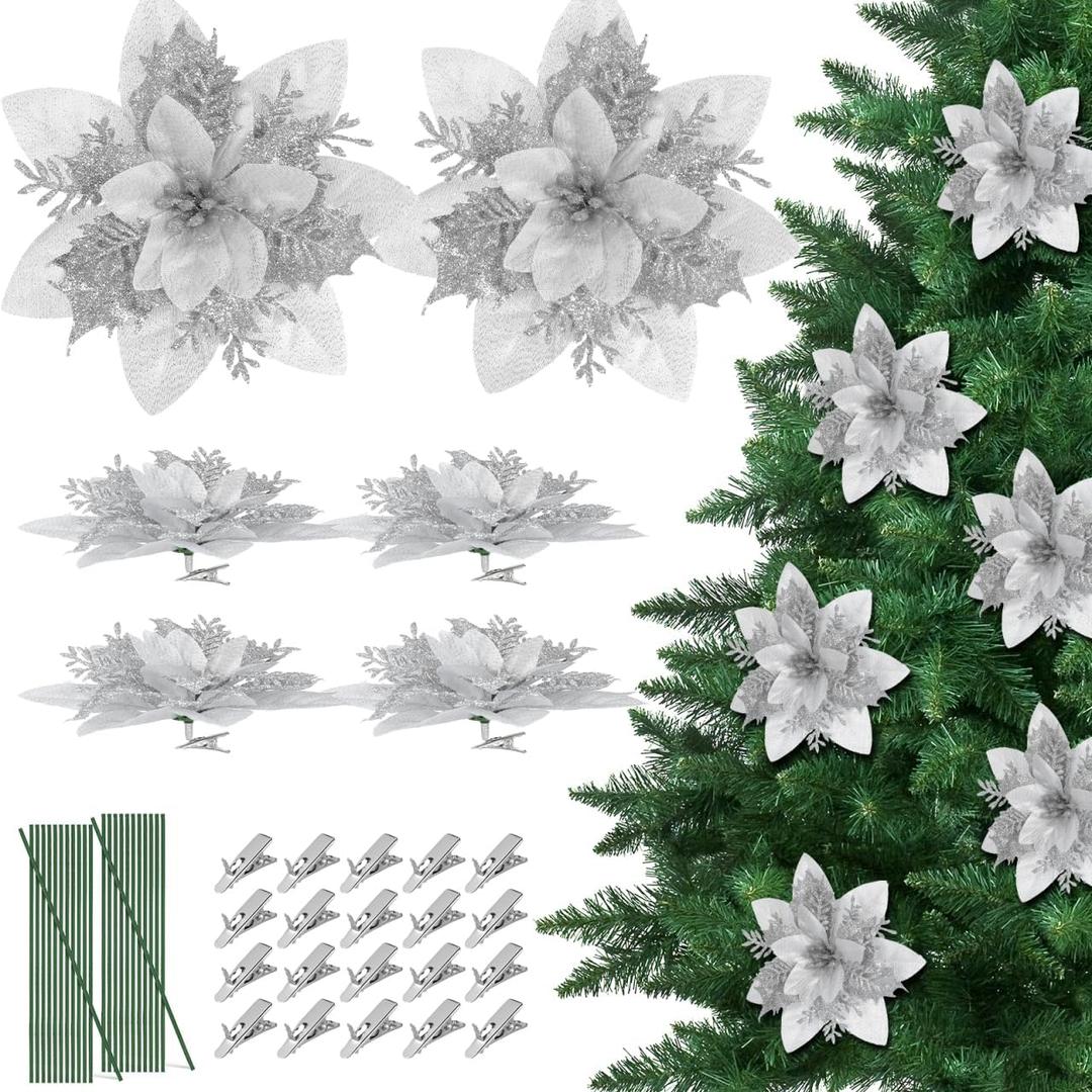 Operitacx 20pcs Poinsettia Flowers Artificial, 5.5in Artificial Christmas Flowers Poinsettia Christmas Decorations with Clips Faux Flower-Picks for Xmas Tree Decor, Xmas Wreath & Holiday Home Party (Silver)