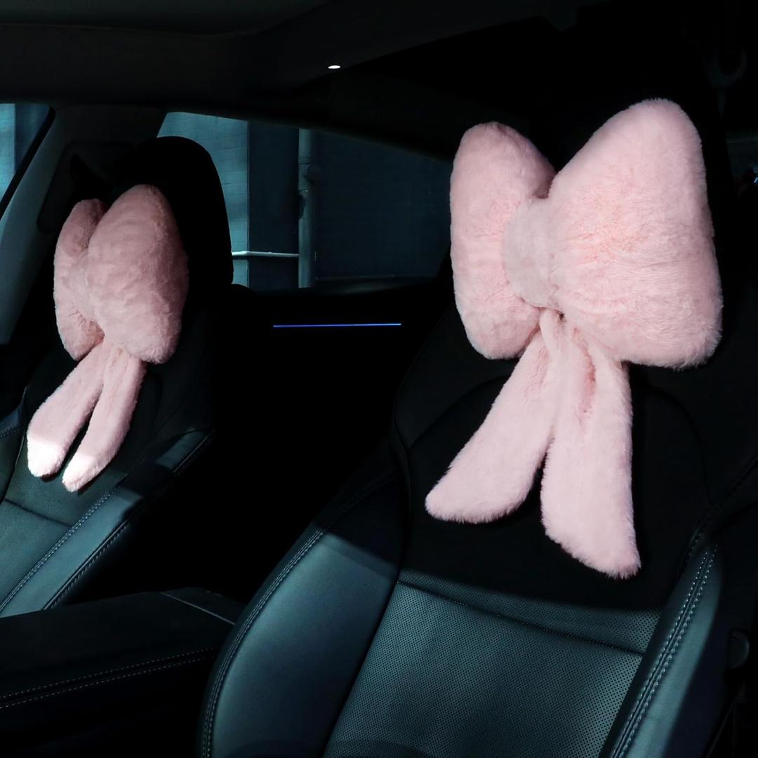 Macarrie 2 Pcs Car Neck Pillow Plush Butterfly Bow Car Headrest Pillow Comfortable Seat Neck Support Cute Car Head Rest Accessories for Driving Travel Driver Chair Girl Style Interior Decor(Pink)