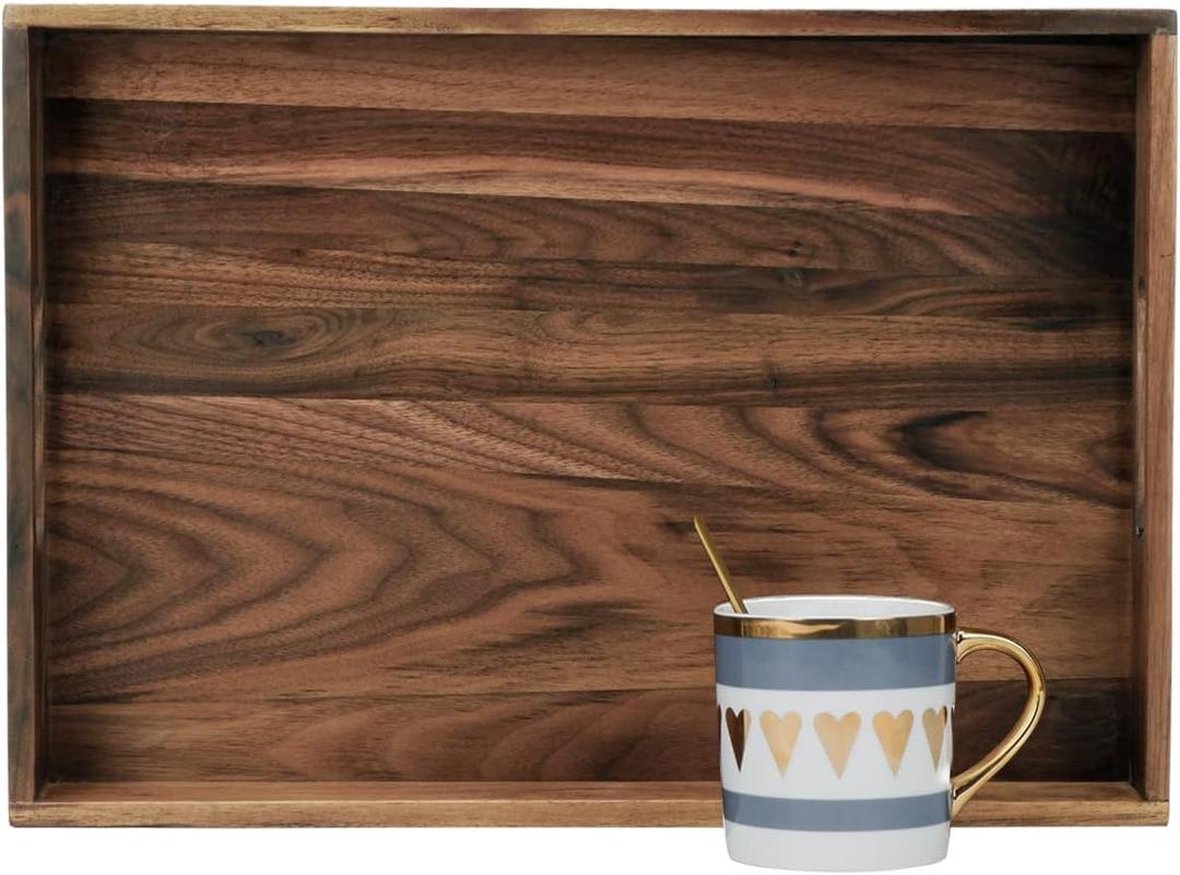 17 x 12 Inches Rectangle Walnut Wood Ottoman Tray with Handles, Serve Tea, Coffee, Classic Wooden Decorative Serving Tray
