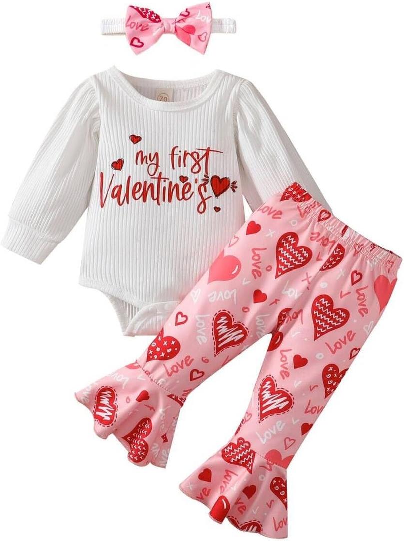 My First Valentines Newborn Baby Girl Outfits Letter Romper Love Heart Print Bell-Bottom Flare Pants Headband (White, 9-12 Months)