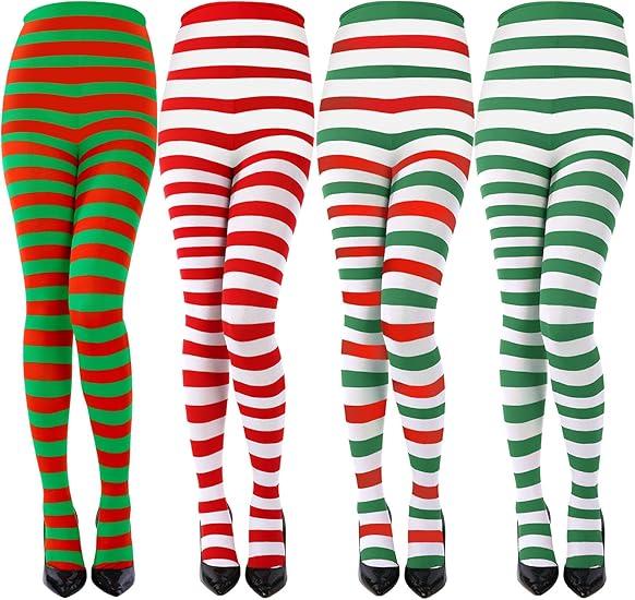 Sumind 4 Pairs Christmas Women Striped Tights Red Green White Striped Stocking Adult Elf Tight Halloween Cosplay Elf Costume, One Size