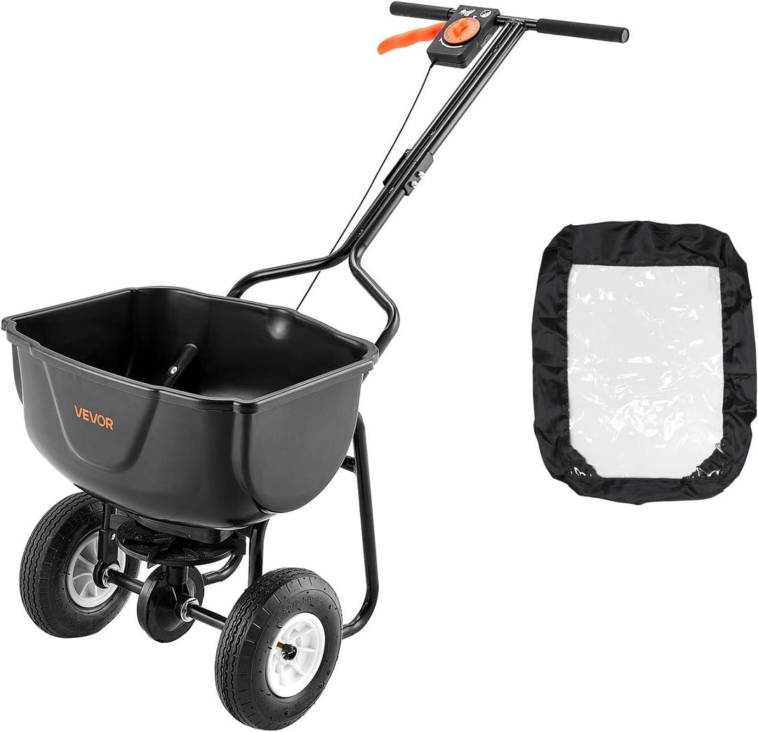 VEVOR Broadcast Spreader, 60LBS Capacity, Walk-Behind Push Spreader, 0-9.8 ft Spreading Width, 10 in All Terrain Pneumatic Tires, Lawn Spreaders with Hopper Grate, for Seed, Fertilizer, Ice Melt