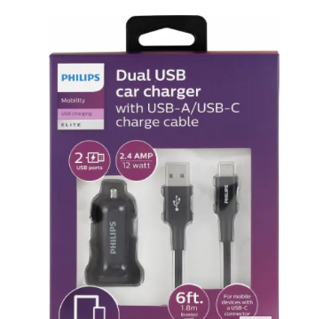 Philips Charging Pack 1 DC Charger 2 USB 2.4A & 1USB-A-C Cable Braided