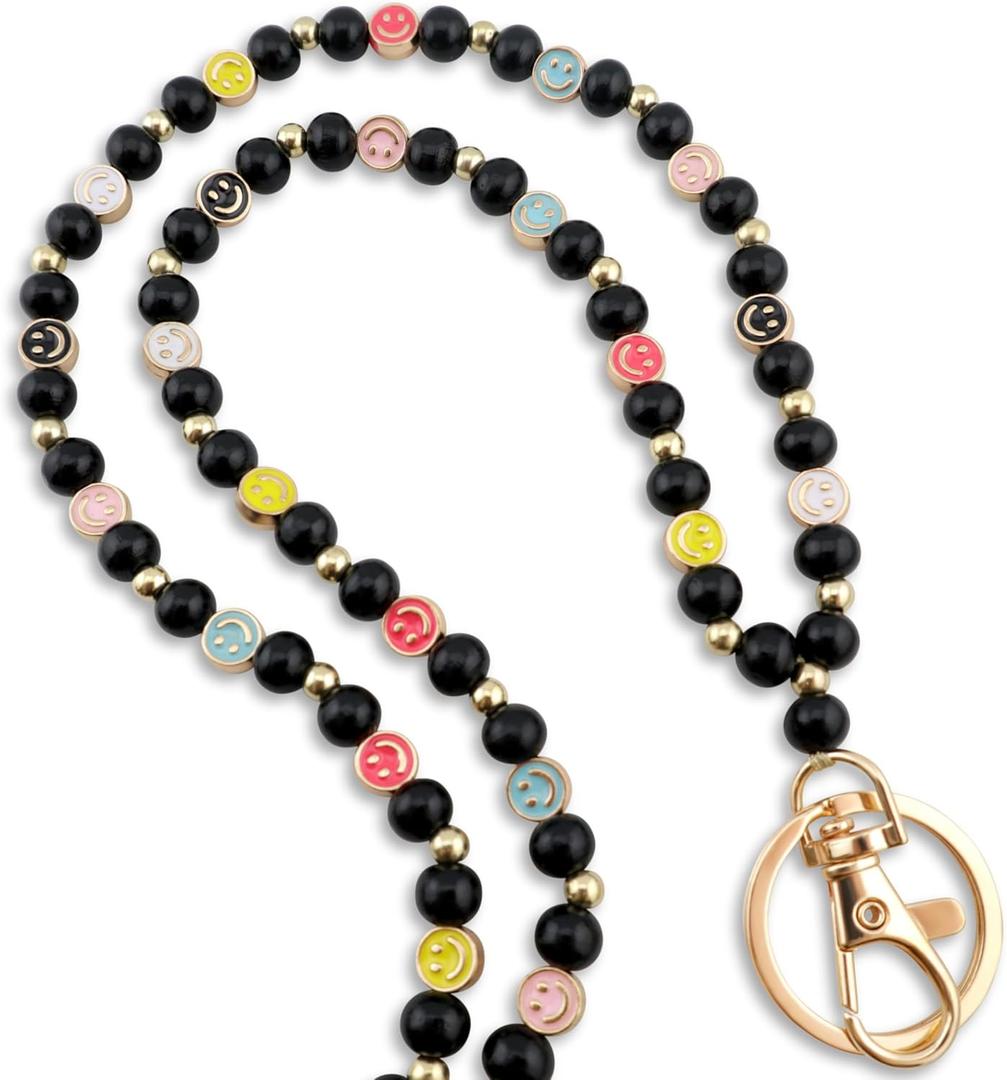 Smile Teacher Lanyard for Women ID Badges and Keychain Cute Happy Wood and Metal Beaded Lanyard Badge Holder (Black)