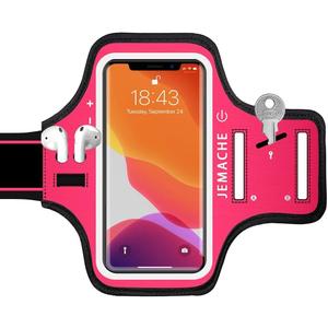 iPhone 17 16 Pro Armband, JEMACHE Gym Workouts Running Arm Band for iPhone 17/16/15/14/13 Pro with Airpods Holder (Rosy)
