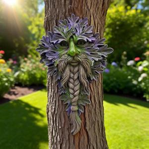 Teaeeno Charming Tree Face Garden Decor, Whimsical Old for Man Resin Statue with Foliage Features, Outdoor Tree Hugger for Yard Art, Trees Decorations Outdoor Wallmounted Statue (Purple)