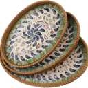 Rattan Serving Tray with Mother of Pearl Inlay, Handwoven Boho Decor Bread Basket for Fruit Food Coffee Table Home Decor Kitchen Set of 3 Sizes (Black Daisy)