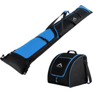 Ski Bag and Boot Bag Combo, Padded Skis Bag for Air Travel, Safety Reinforce Ski Carrier Bag Fits for Skis Up to 200 CM and Boots Up To Size US13, Water- resistant Ski Travel Bag (Black & Blue)
