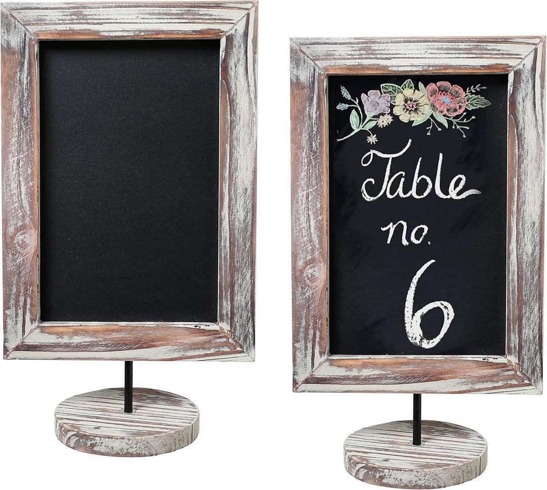 MyGift Set of 2, 12 Inch Chalkboard Sign with Torched Wood Rectangular Frame and Round Base, Rustic Wedding Table Place Card Signage, Small Kitchen Countertop Memo Board