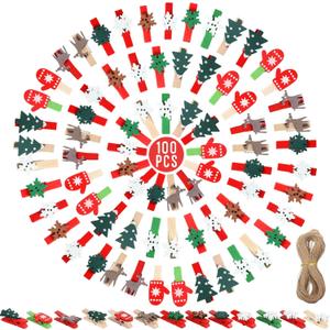 Mini Clothes Pins, Christmas Wooden Photo Clips Small Clothes Pin Tiny Wood Clip for Crafts, Mini Wooden Pegs with 33 ft Jute Twine for Hanging Xmas Card Photo Picture Display (Fresh Color,100 Pcs)