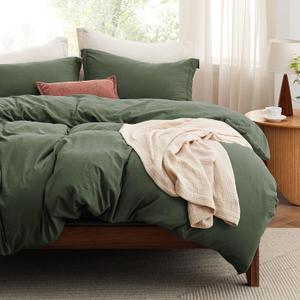 Bedsure Duvet Cover Queen Size with Fitted Sheet - 4 Pieces Prewashed Cotton-Like Extra Soft Bedding Set, Includes 1 Duvet Cover 90x90 Inches, 2 Pillow Shams, 1 Fitted Sheet, Olive Green (03 - Olive Green (No Comforter))