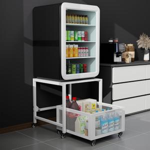 Mini Fridge Stand 21.7in x 21.7in, Higher 25.2in Fridge Stand with Storage Basket & Handrail, 8 Swivel Wheels, 88LBS Load Capacity, Beverage Refrigerator Stand for Home, Office, Dorm, Bedroom, White