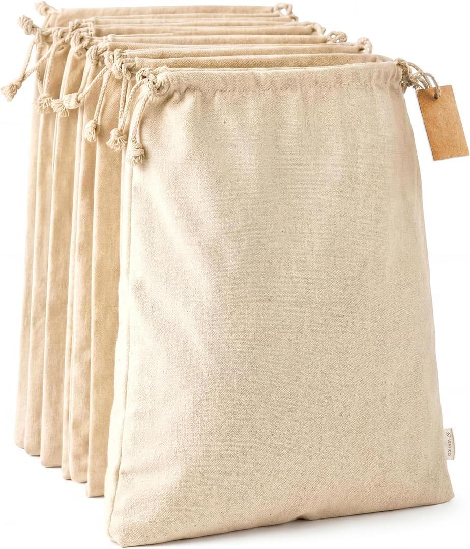 LEAFICO Cotton Storage Bags  X-Large 14x17 Inch (6-Pack)  Reusable Muslin Bags with Drawstrings  Biodegradable Canvas Fabric Sacks  Perfect for Bread, Bulk Produce, Potatoes, Onions, Shoes