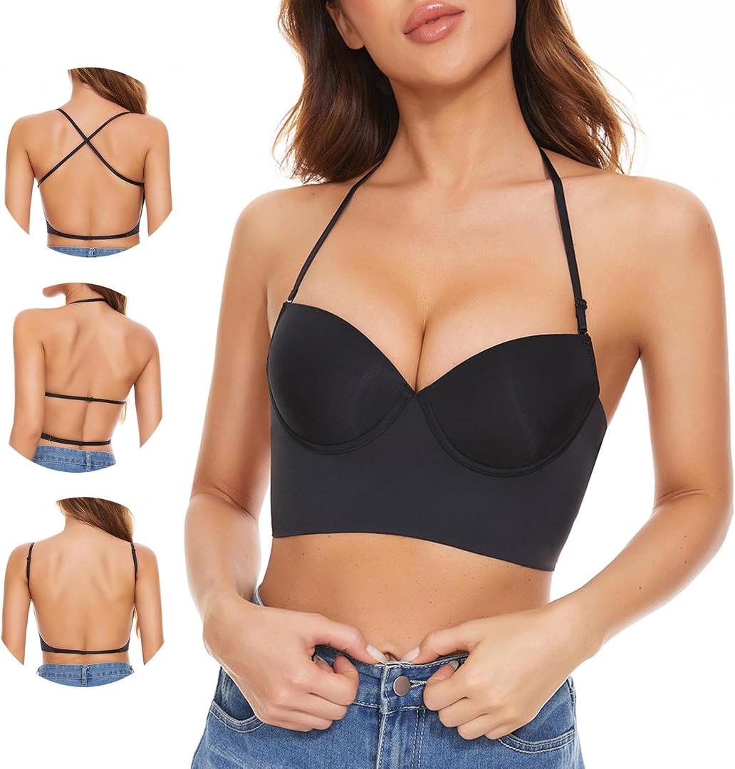 Low Back Bras for Women-Seamless Invisible Backless Bra-Lightly Lined Demi Multiway Bra No Show Low Cut Halter Bras (Black, 38 C)