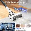 Cordless Vacuum Cleaner, 600W 50KPA 70Mins Runtime Fast Charging Vacuum Cleaner, Self-Standing LED Light Touch Screen Stick Vacuum for Home Light Weight,for Pet Hair/Carpet/Floor, White