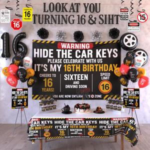 16th Birthday Decorations For Boys Includes Banner, Backdrop, Tablecloth, Latex Balloons, Foil Balloons, Cake Topper, Cupcake Toppers & Hanging Swirls