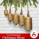 Akatva Large Brass Cow Bells for Rustic Christmas Decor - Set of 5 Vintage Gold Bells on Rope