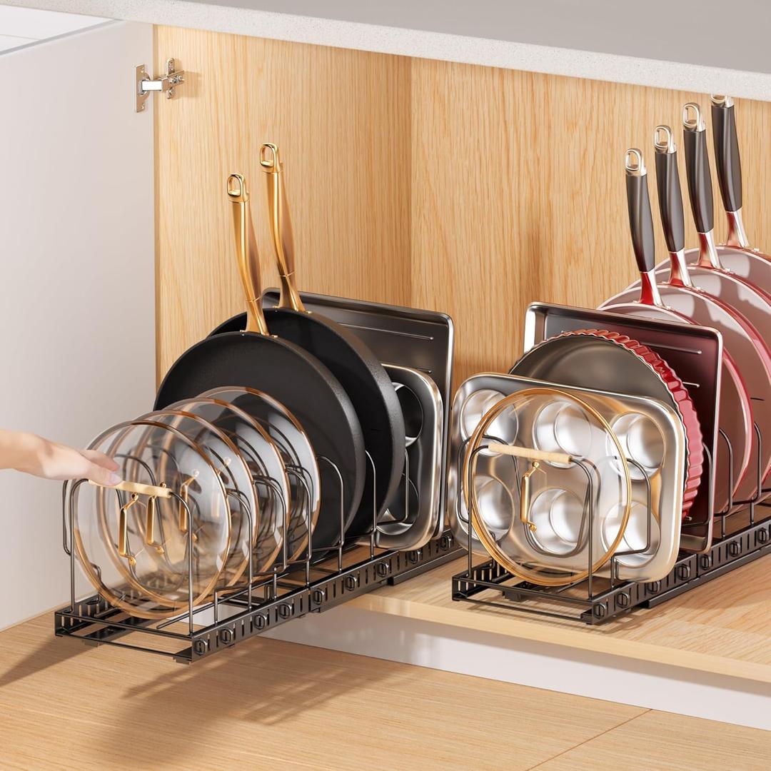 Pots and Pans Organizer under Cabinet, 2 Pack Pull out Pan Organizers inside Cabinet for Kitchen Cabinet Organizers and Storage with Adjustable Dividers and Handled Divider, Blac