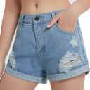 EXARUS Girls Ripped Jean Shorts Teen Summer Cute Distressed Frayed Raw/Folded Hem Tween Denim Youth Kids Casual (Blue, M)