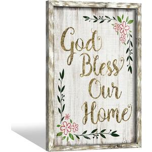 Inspirational Home Wall Art Decor: Christian Signs Wooden Framed Print Decoration Farmhouse God Bless Sayings Picture Religious Quotes Artwork for Bedroom Living Room Dining Room (16" x 24")