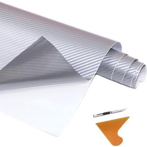 3D Carbon Fiber Vinyl Wrap,Thickened Car Vinyl Wraps Matte Carbon Fiber Car Stickers for Car Exterior Interior Protection with Knife&Scrapers Vinyl Roll 60x12 inch (Silver)