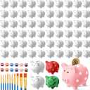48 Pcs DIY Ceramic Piggy Banks Pig Coin Banks Unglazed White for Boys Girls with 2 Paint Strips 10 Brushes Money Birthday Home Festival Fun Activities Gift