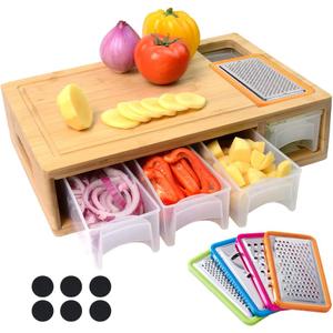 Bamboo Cutting Board with Containers, Lids, and Graters, Large Wood Cutting Board with Containers, Food Dropping Zone, Carving Board with Easy-grip Handle, Juice Groove (Classic-XL)