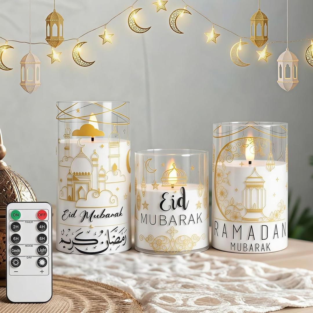 Huquary 3 Pcs Eid Mubarak Pillar Flameless Candles with Remote Ramadan Decorations Ramadan LED Flickering Candles Battery Operated Plastic Pillar Candlesticks for Eid Fit Gifts Home Decor, 3", 5", 6"