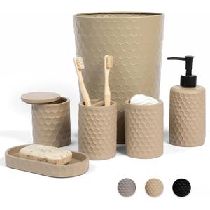 zccz 6 Piece Bathroom Accessories Set, Toothbrush Holder, Toothbrush Cup, Soap Dispenser,Bathroom Vanity Tray, Qtip Holder, Trash Can - Khaki
