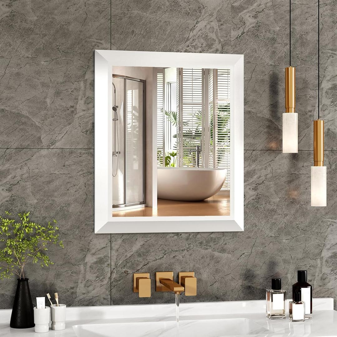 SMIROR Matte White Bathroom Mirror for Over Sink, 20x 24 Metal Thick Framed Rectangle Vanity Mirror for Wall, Right Angle Corner, Anti-Rust, Horizontally or Vertically Mounted