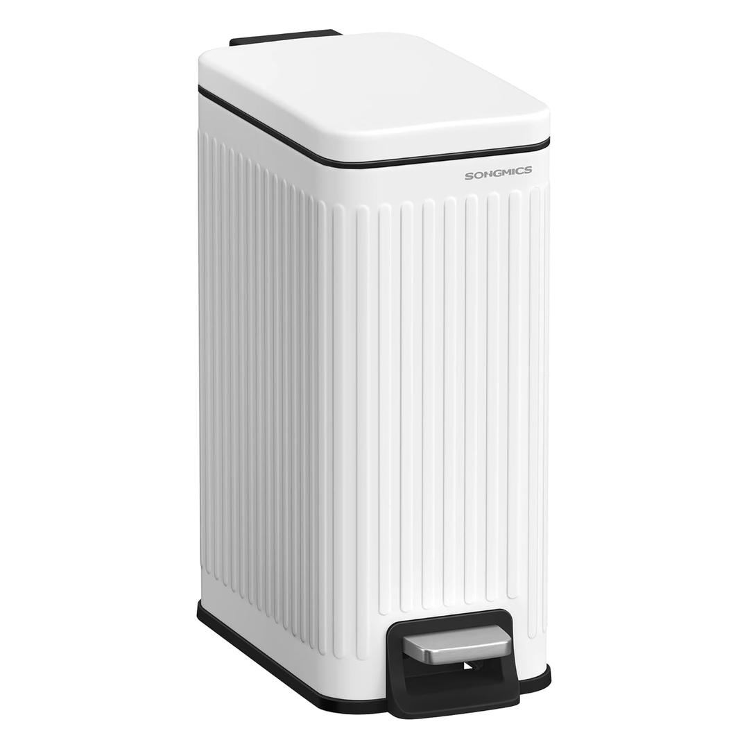 SONGMICS Bathroom Trash Can, 1.6-Gallon (6 L) Trash Bin with Lid, Slim for Small Spaces, Stainless Steel Garbage Can, Soft Close, White ULTB563W02