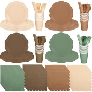 Qinyoung 388 Pcs Woodland Baby Shower Tableware Decorations Include Sage Green Brown Forest Scalloped Plate Paper Napkin Cup Plastic Cutlery for Safari Jungle Neutral Birthday Wedding, Serves 48