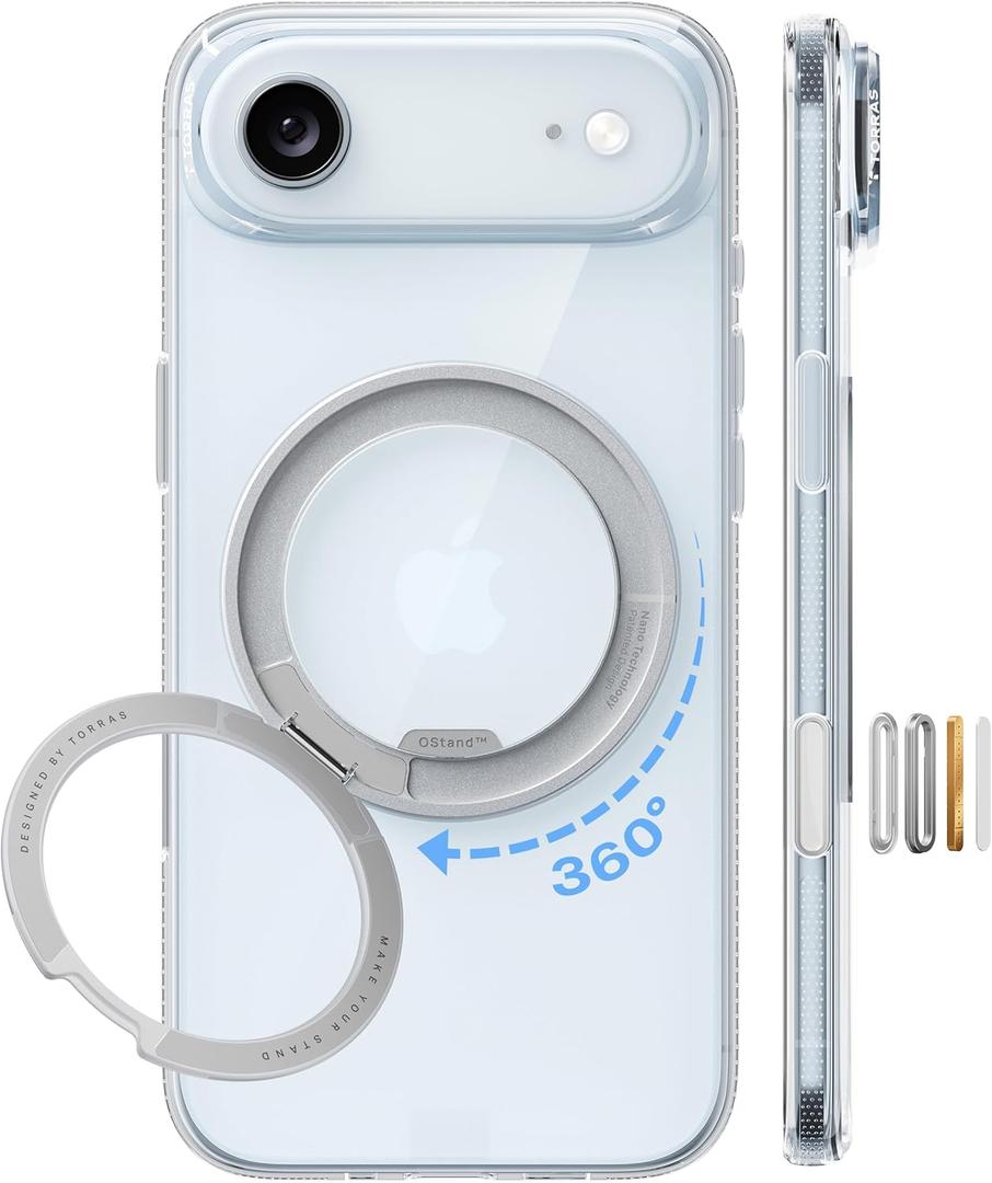 TORRAS 360 Magnetic Stand for iPhone Air Case, [Fit for MagSafe] [Military-Grade Protection] Slim Case for iPhone 17 Air, 2025, Clear, Ostand O3 Fitness Series