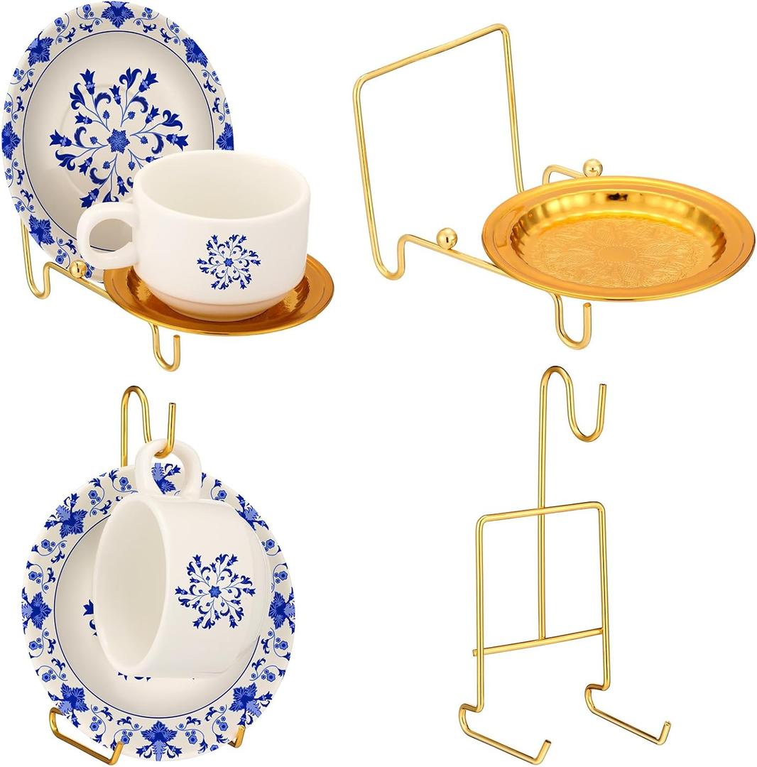 Teenyyou 4 Pcs Tea Cup Display Stand Gold Metal Saucer Racks Tea Cup Holder China Display Stand Picture Frames Book Card Mug Organizer Bowl Decorative for Kitchen Table Plate Art