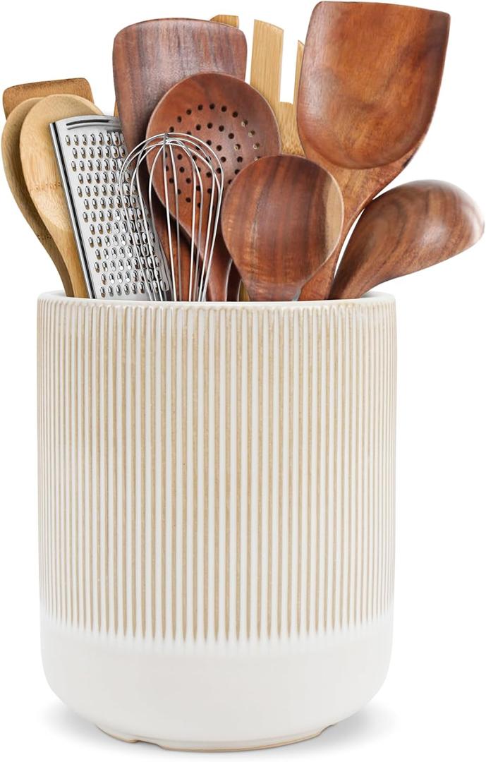 RedCall Kitchen Utensils Holder Large,Ceramic Utensil Organizer for Countertop,Morden Utensil Crock for Spoon Spatula,Home Kitchen Decor (Light Coffee)