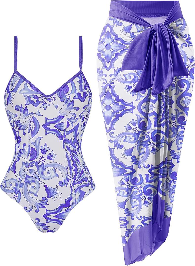 Women's One Piece Swimsuit with Beach Cover Up Retro Floral Print Bathing Suits with Coverup Set Sarong Wrap Swim Suit 1 Piece Swimwear Set with Matching Skirt Blue White Floral Large Women's One Piece Swimsuit with Beach Cover Up Retro Floral Print Bathing Suits with Coverup Set Sarong Wrap Swim Suit 1 Piece Swimwear Set with Matching Skirt Blue White Floral Large