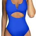 Meyeeka Womens One Piece Swimsuits Tummy Control Bathing Suit for Women Push Up Swimwear V Neck High Cut Monokini, M, Blue