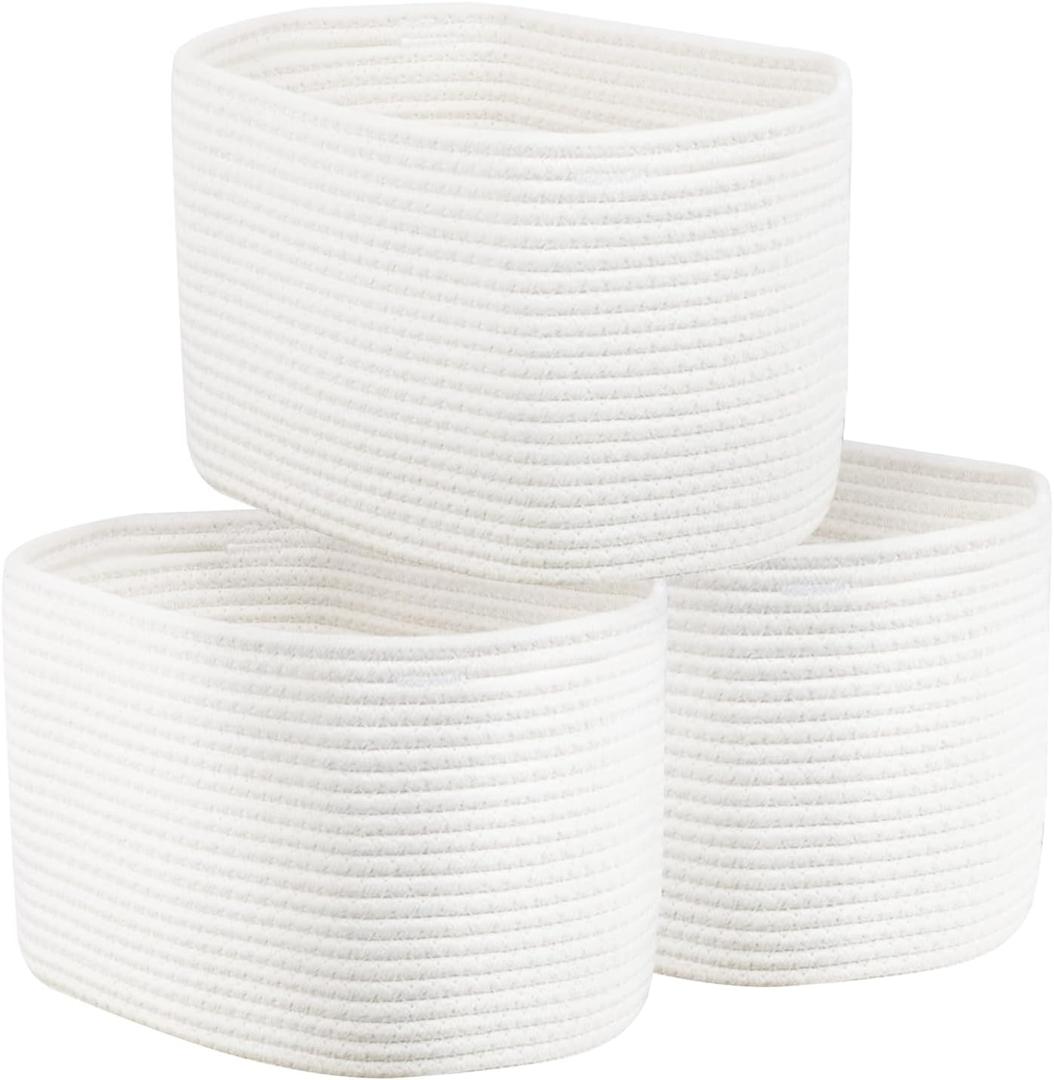 Set of 3 Woven Cotton Rope Baskets for Shelves, Organizing Gifts, Decorative Storage Box Bin Cube for Bathroom Shelves, Nursery (White, Set of 3) (Small)