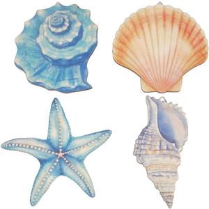 GORGECRAFT 4Pcs Wooden Shell Wall Decor Art Natural Wood Summer Sea Beach Ocean Sculptures Animal Starfish Conch Shells Scallops Nautical Coastal Hanging Ornament for Lake House Bathroom Bedroom Home