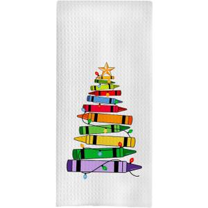 GCFET Crayon Christmas Tree Towels - Christmas Tree Decorative Waffle Dish Towels for Kitchen, Teacher Gifts Hand Towel, Art Teacher Gifts Tea Towel, 16x24 Inches