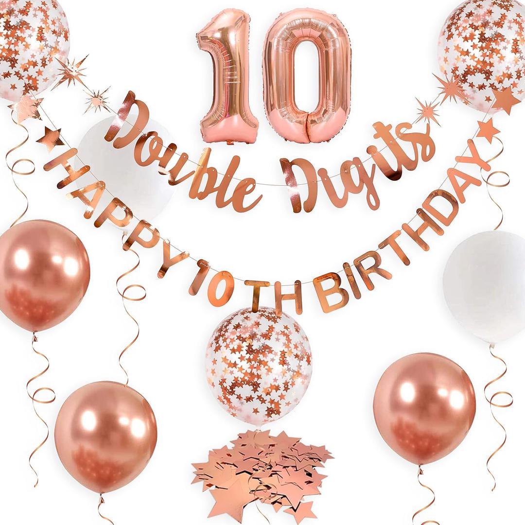 Rose Gold Double Digits Happy 10th Birthday Banner Garland Foil Balloon 10 for Girls Boys 10th Birthday Decorations Hanging 10 and Fabulous Cheers to 10 Years Old Ten Birthday Party Supplies Backdrop
